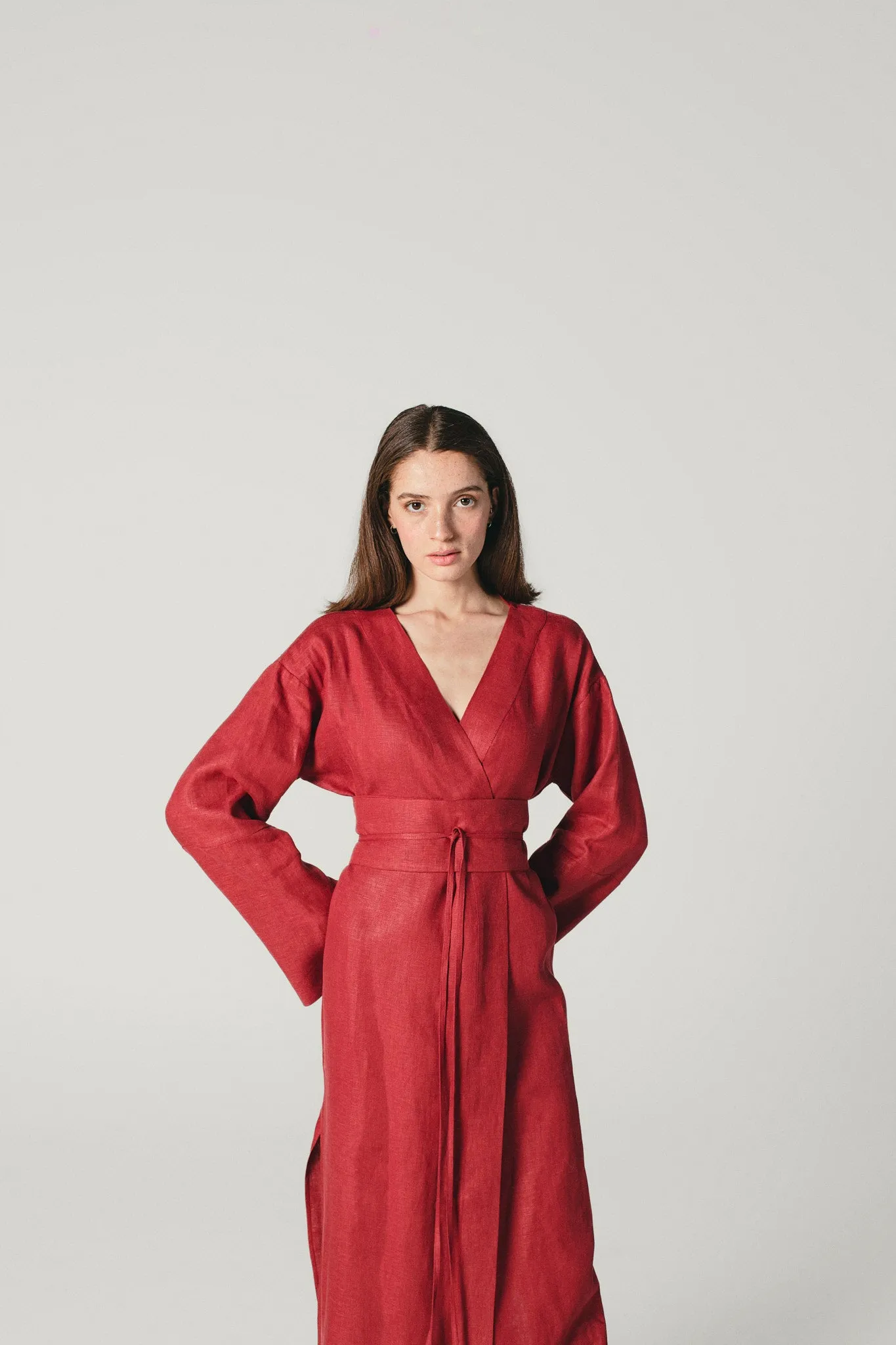 Linen Kimono Dress Red Wine