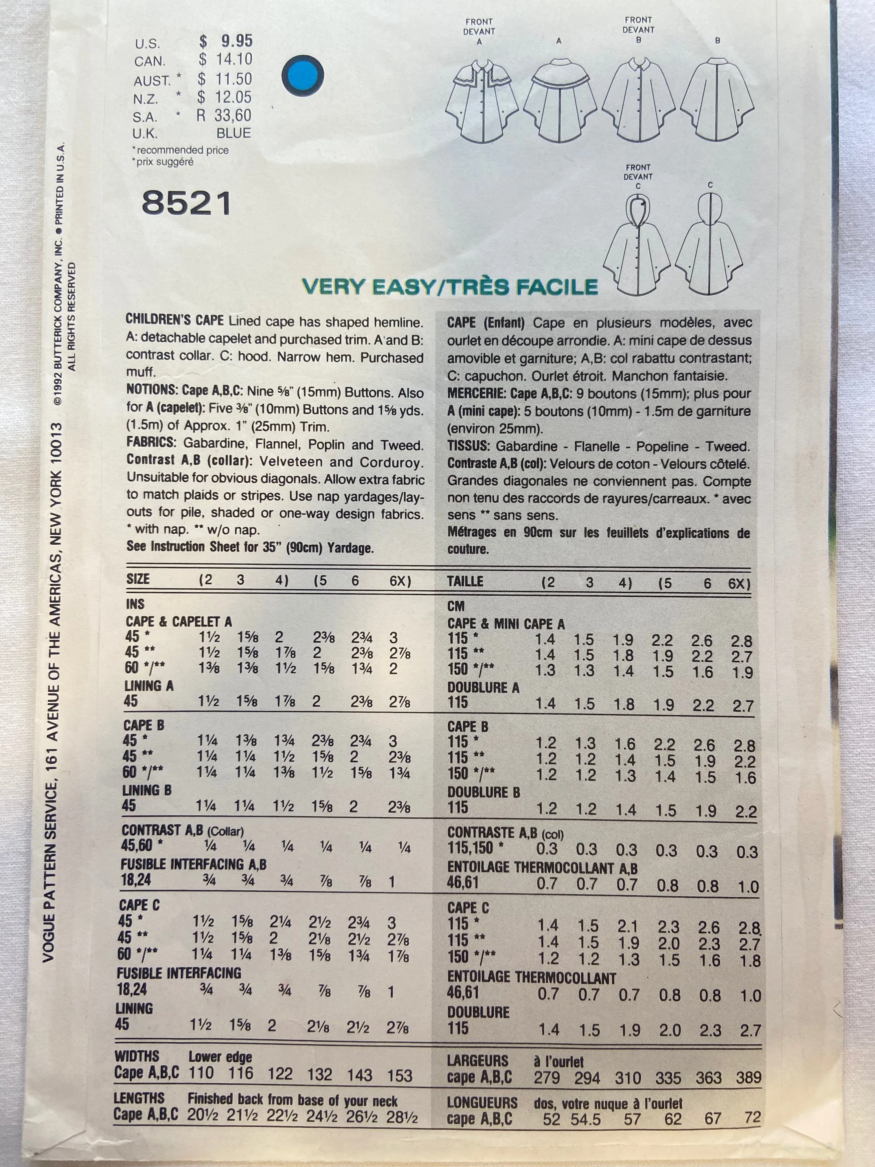 Little Vogue 8521 Pattern UNCUT Childrens' Cape Sizes 2-6X