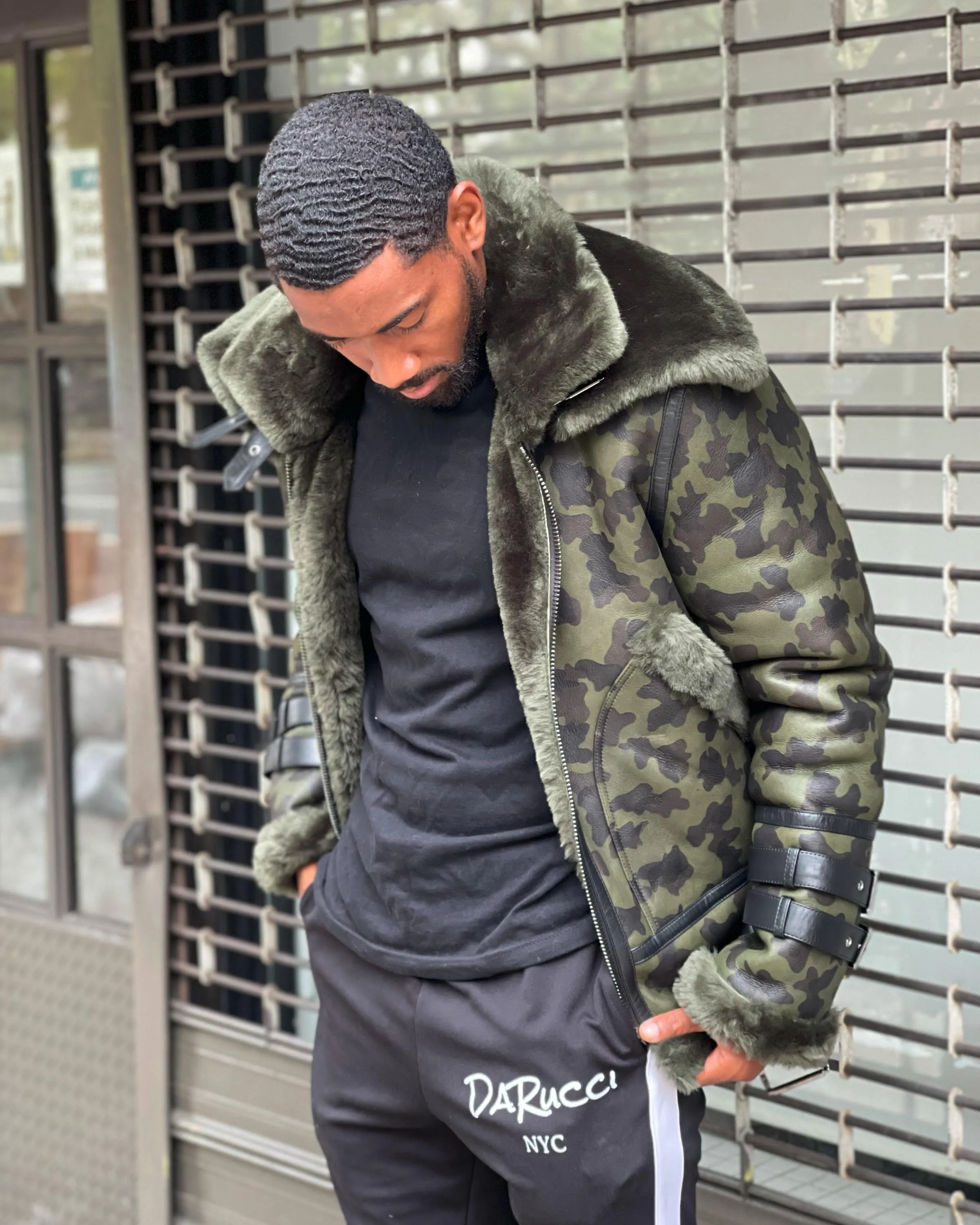 MEN SHEARLING-  CAMO AVIATOR DOUBLE COLLAR