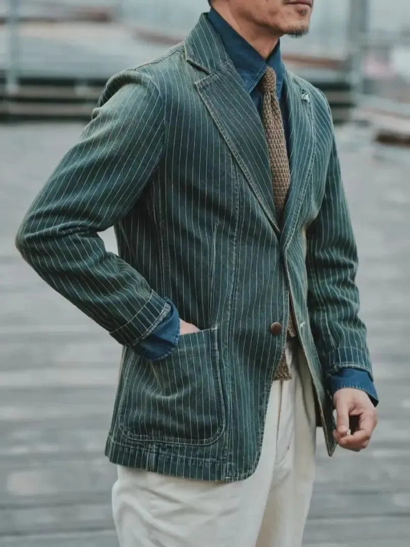 Men's Striped Suit Blazer with Notch Lapels and Distressed Washed Finish