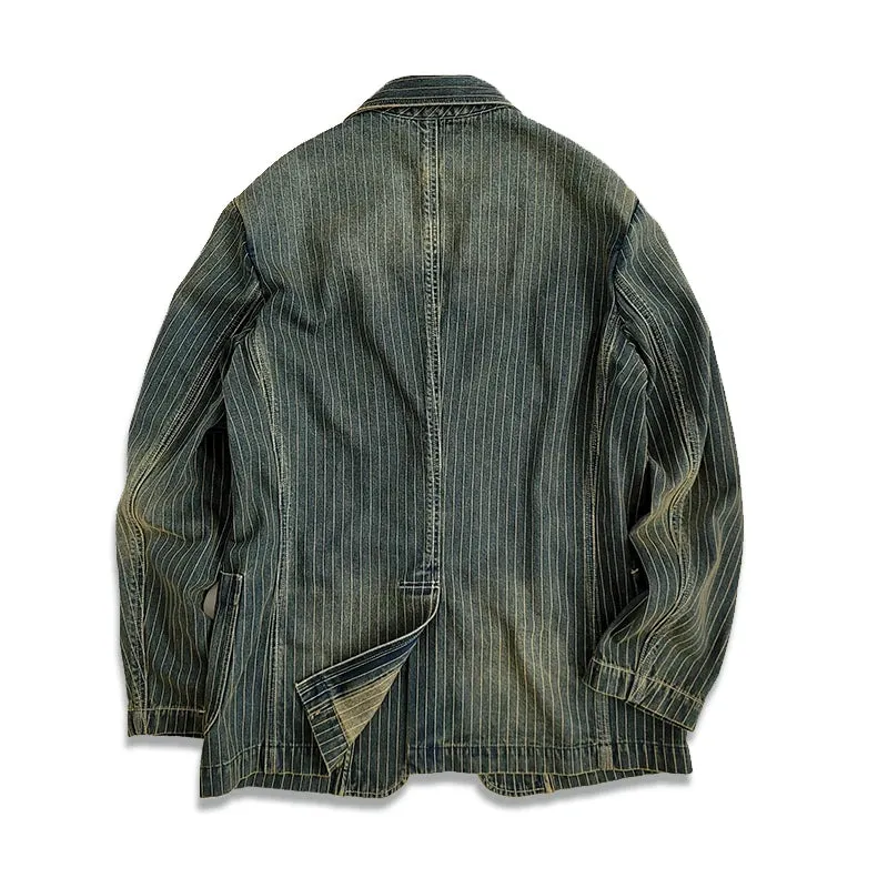 Men's Striped Suit Blazer with Notch Lapels and Distressed Washed Finish