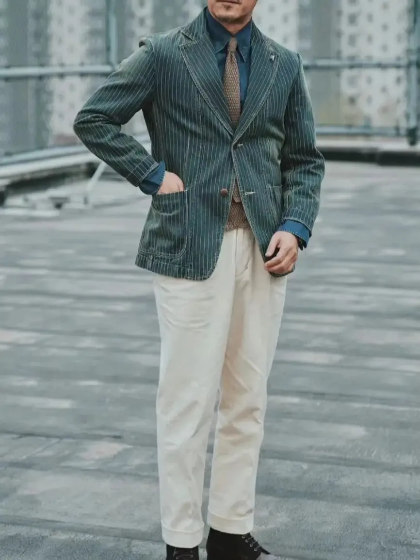 Men's Striped Suit Blazer with Notch Lapels and Distressed Washed Finish