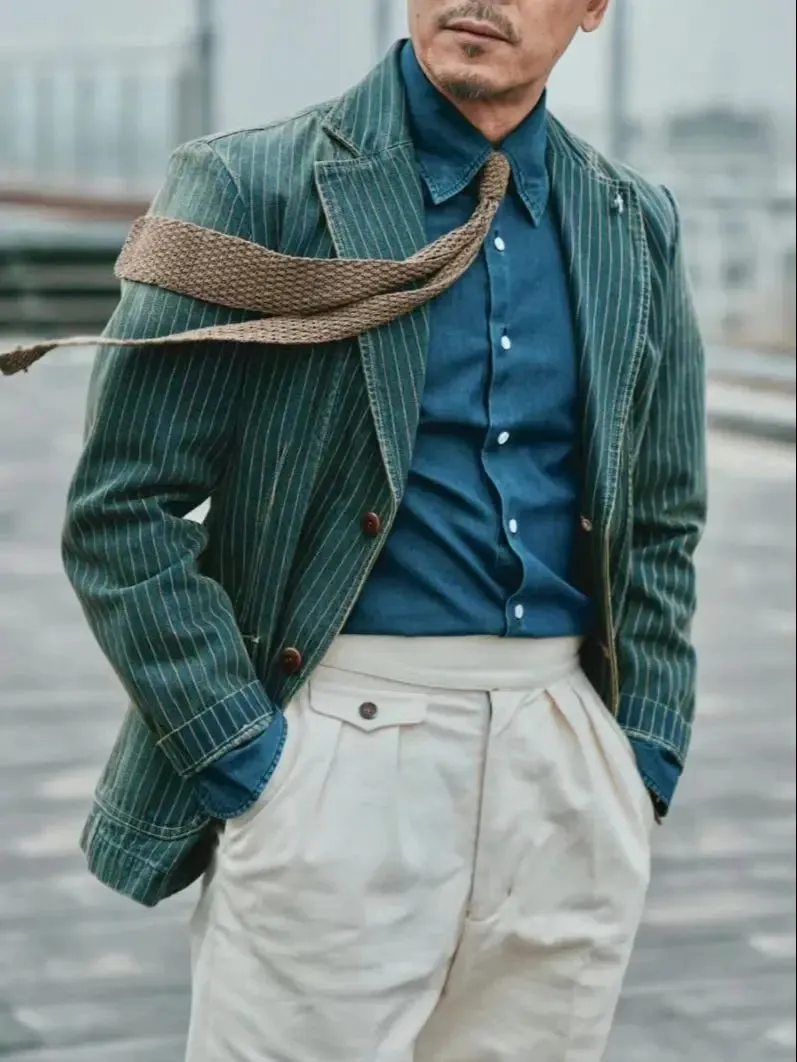 Men's Striped Suit Blazer with Notch Lapels and Distressed Washed Finish
