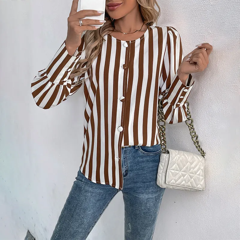 METAVERSMALL foreign trade women's clothing New summer 2025 V-neck single-breasted cardigan striped contrasting color long-sleeved women's shirt