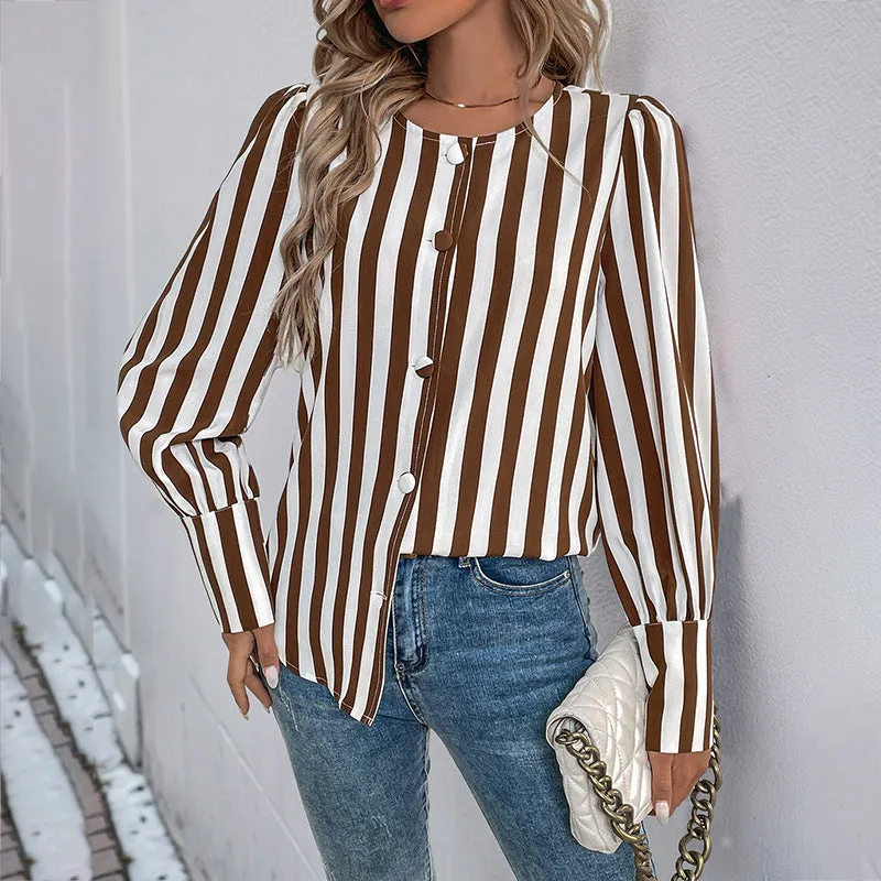 METAVERSMALL foreign trade women's clothing New summer 2025 V-neck single-breasted cardigan striped contrasting color long-sleeved women's shirt