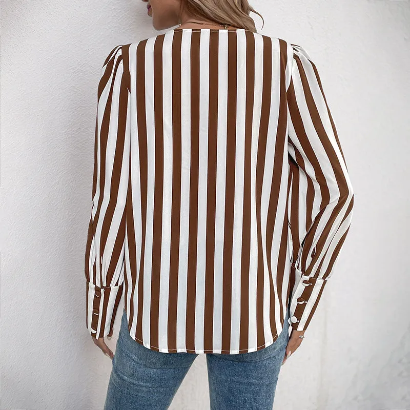 METAVERSMALL foreign trade women's clothing New summer 2025 V-neck single-breasted cardigan striped contrasting color long-sleeved women's shirt