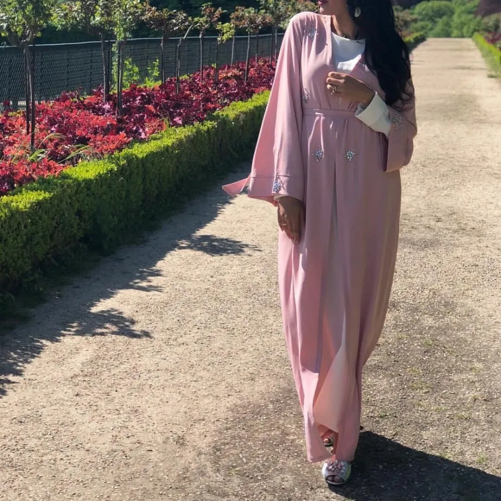 Muslim Diamonds Beading Cardigan Abaya Full Dress Kimono Long Robe Gowns Jubah Dubai Middle East Ramadan Arab Islamic Clothing