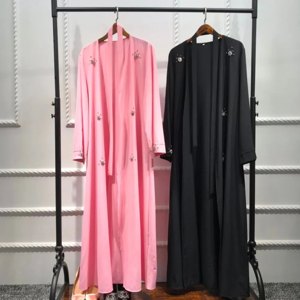 Muslim Diamonds Beading Cardigan Abaya Full Dress Kimono Long Robe Gowns Jubah Dubai Middle East Ramadan Arab Islamic Clothing