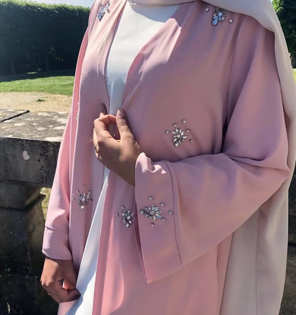 Muslim Diamonds Beading Cardigan Abaya Full Dress Kimono Long Robe Gowns Jubah Dubai Middle East Ramadan Arab Islamic Clothing