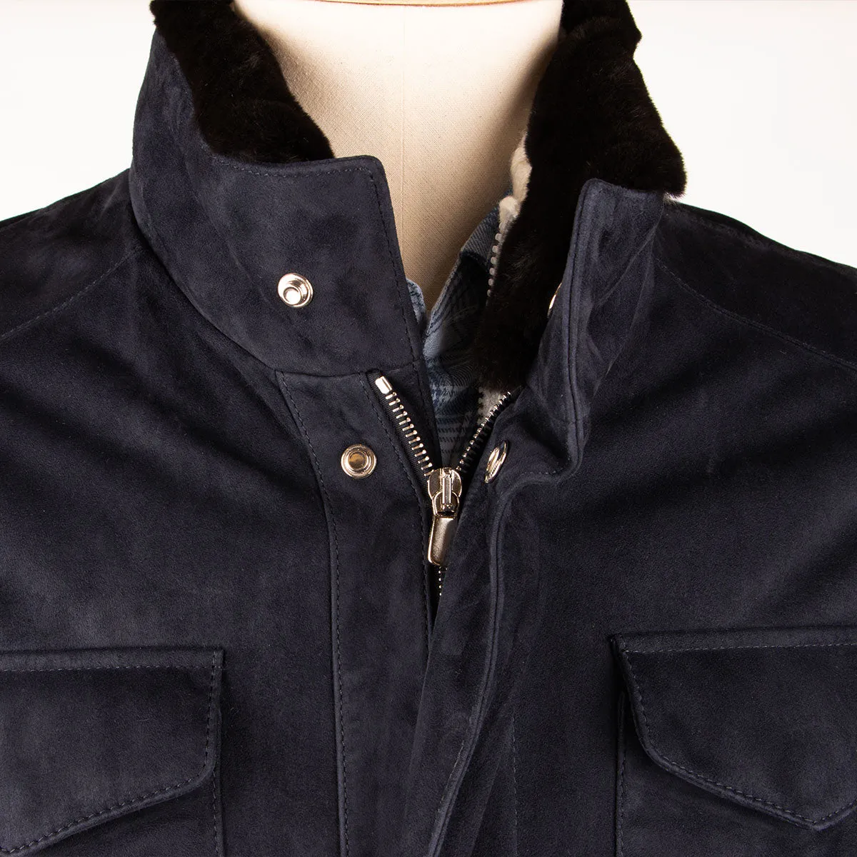 Navy Goat Suede Mid-length Field Jacket