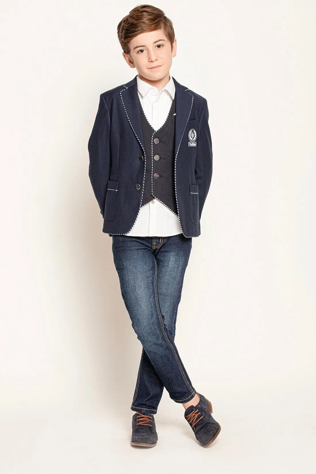 One Friday Kids Boys Navy Blue Solid V-Neck Waist Coat