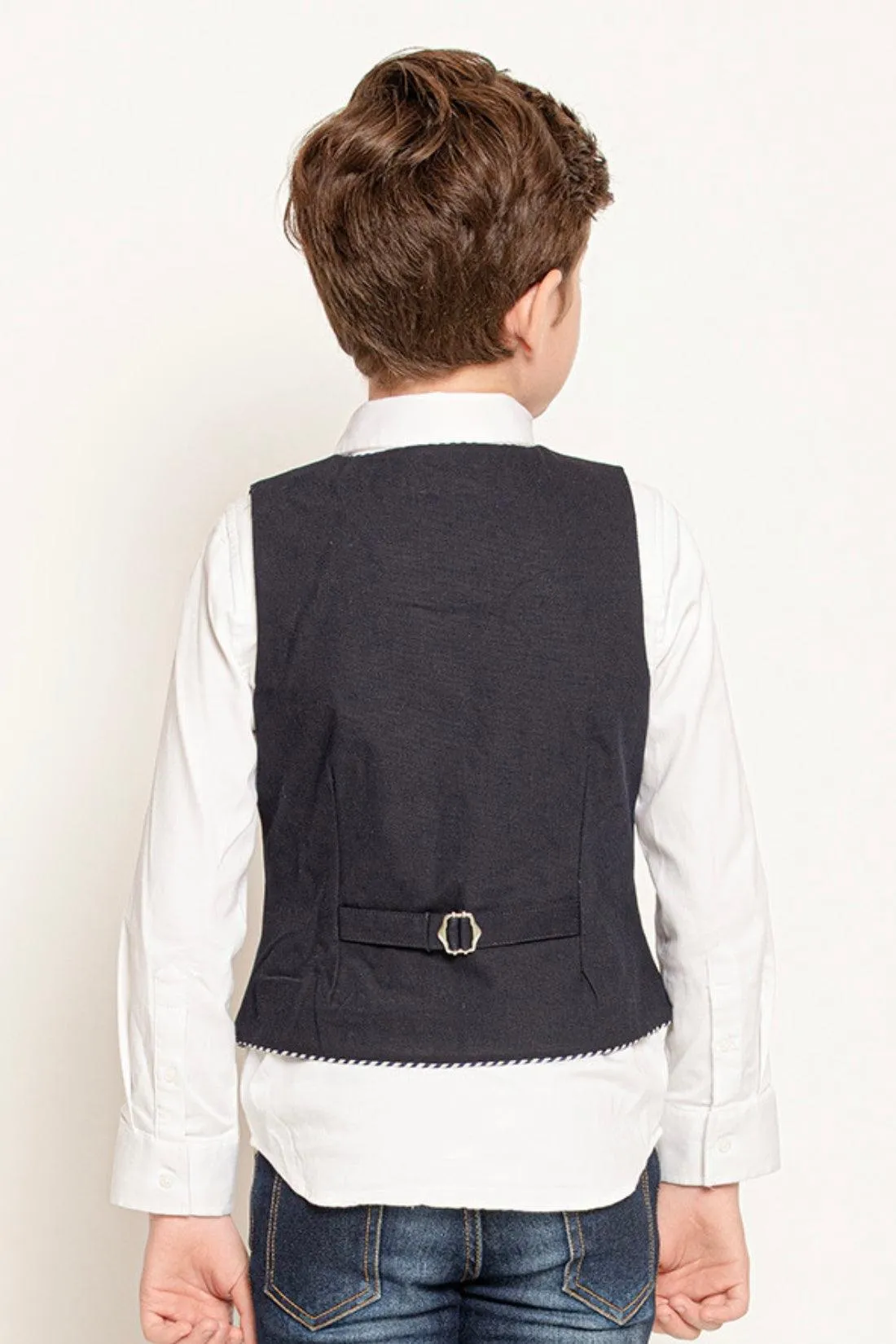 One Friday Kids Boys Navy Blue Solid V-Neck Waist Coat