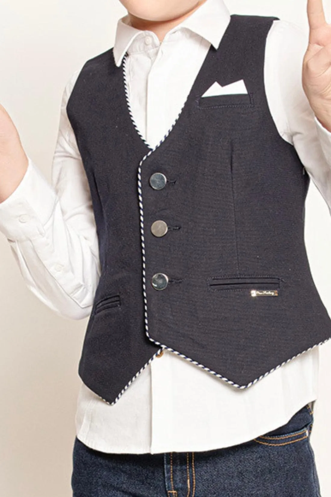 One Friday Kids Boys Navy Blue Solid V-Neck Waist Coat