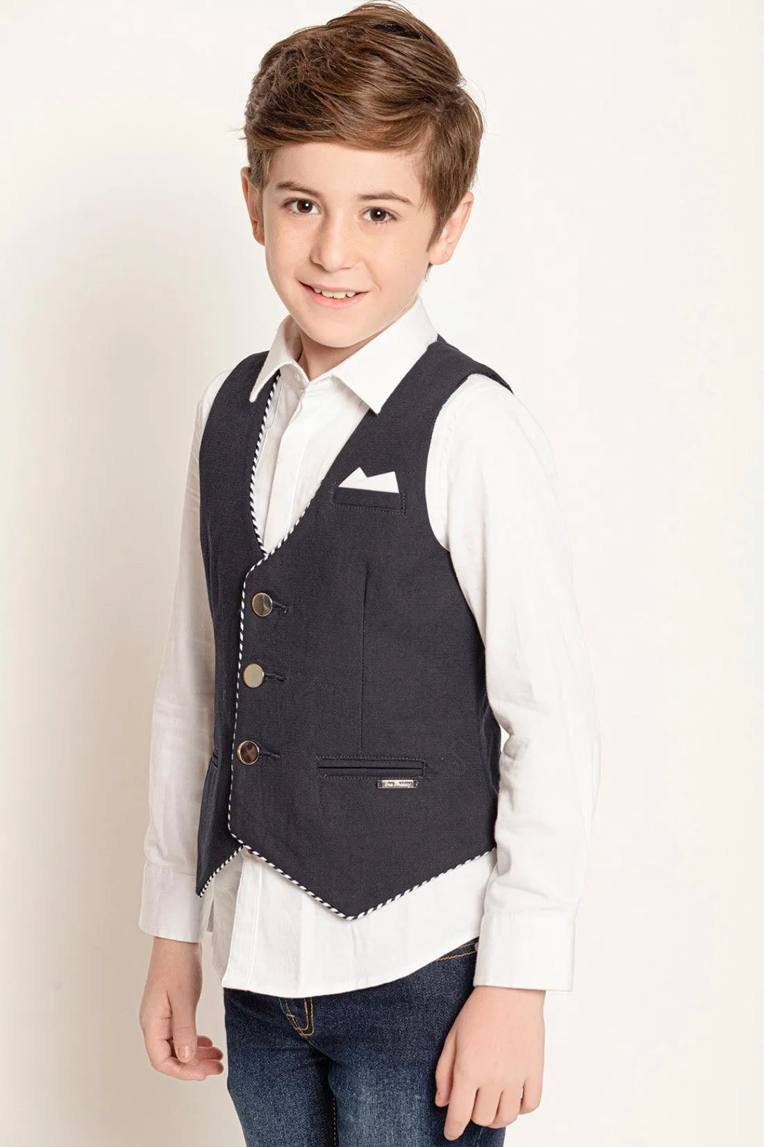 One Friday Kids Boys Navy Blue Solid V-Neck Waist Coat