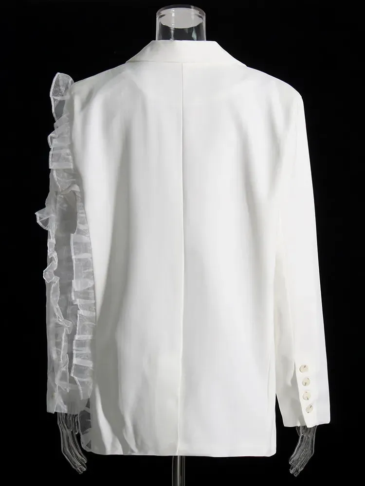 Patchwork Ruffle Solid Blazers For Women Notched Collar Long Sleeve Spliced Single Breasted Loose Blazer Female