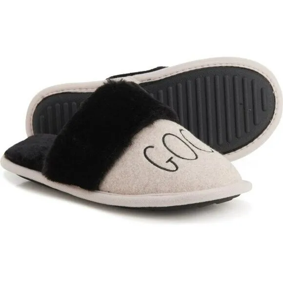 Rae Dunn Good Night Print Cozy Soft Fur Trim Slippers