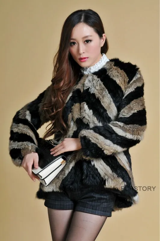 Real Tight-knitted Rabbit Fur Coat Jacket Womens' Dress Ladies Garment 13002