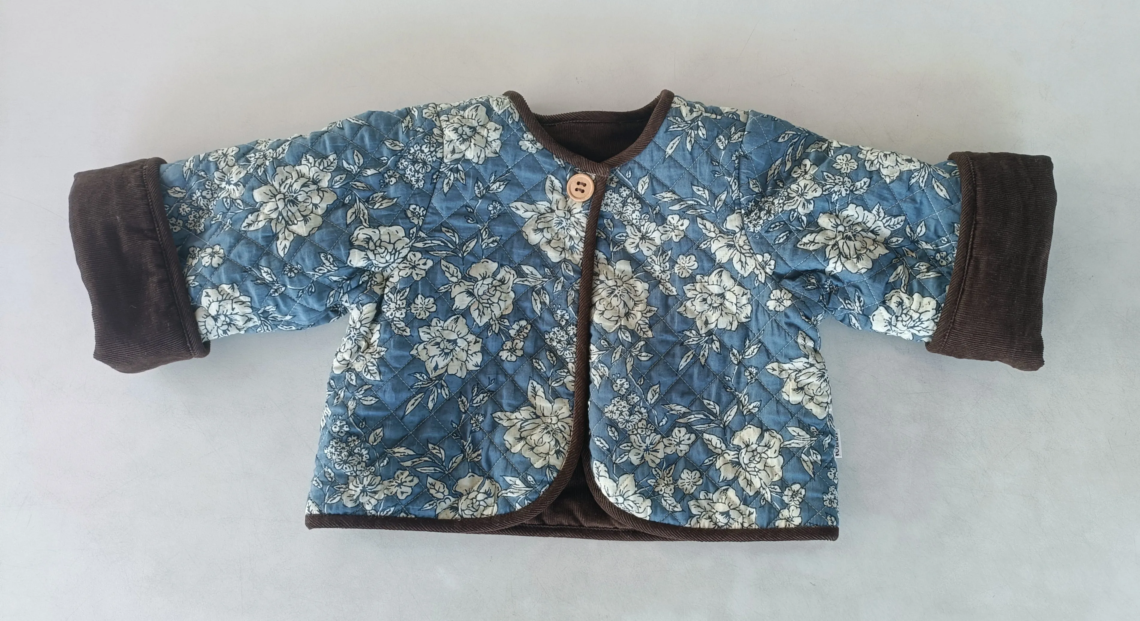 Reversible Brown Corduroy & Grey Floral Print Quilted Long Sleeve Jacket