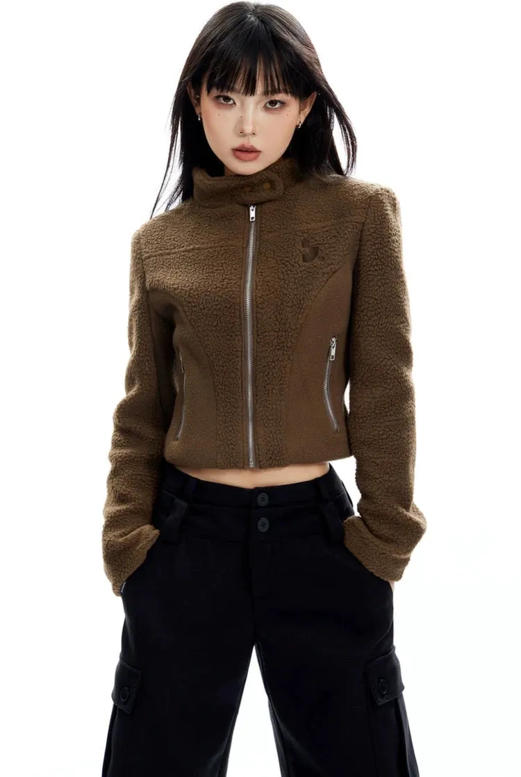 Sherpa Zip-Up High Collar Cropped Jacket