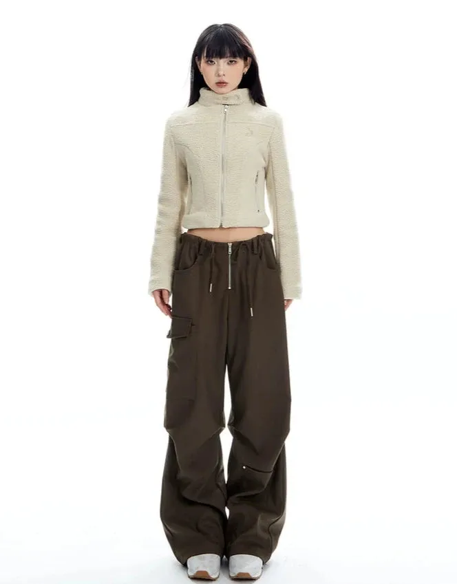 Sherpa Zip-Up High Collar Cropped Jacket