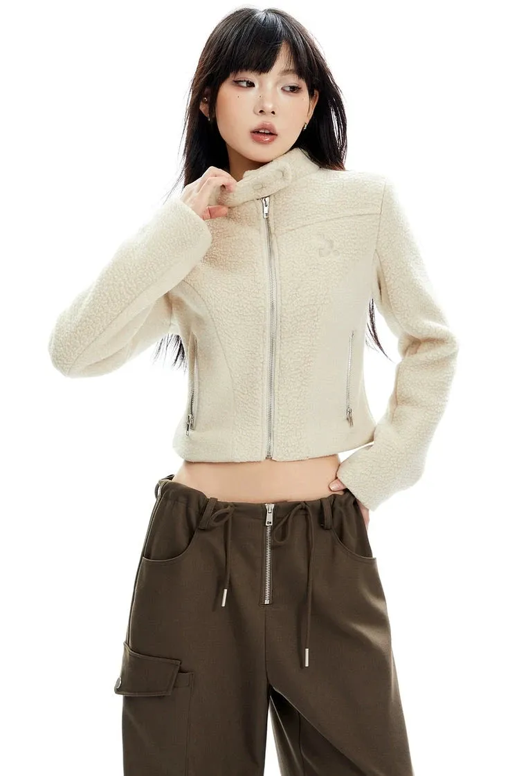 Sherpa Zip-Up High Collar Cropped Jacket