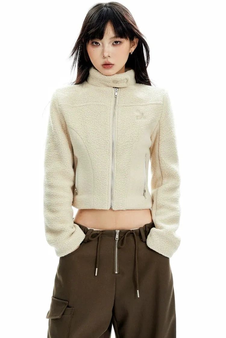 Sherpa Zip-Up High Collar Cropped Jacket