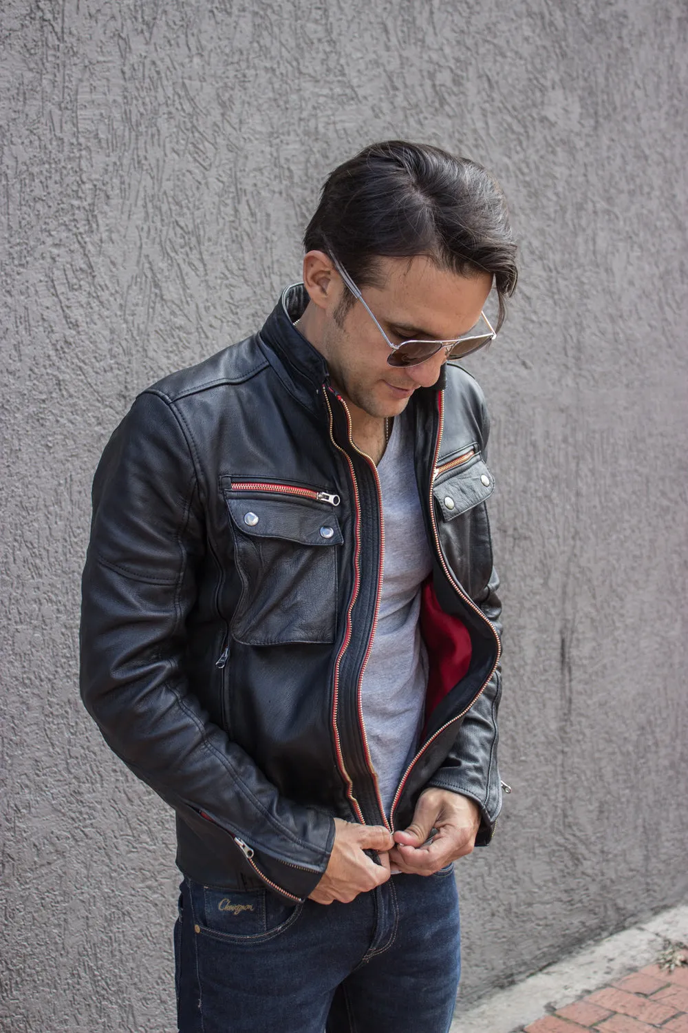 STONE Leather Jacket - Double zip in  Washed Black