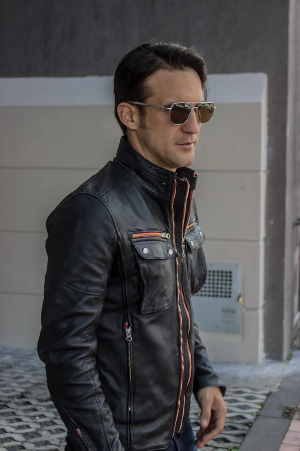 STONE Leather Jacket - Double zip in  Washed Black
