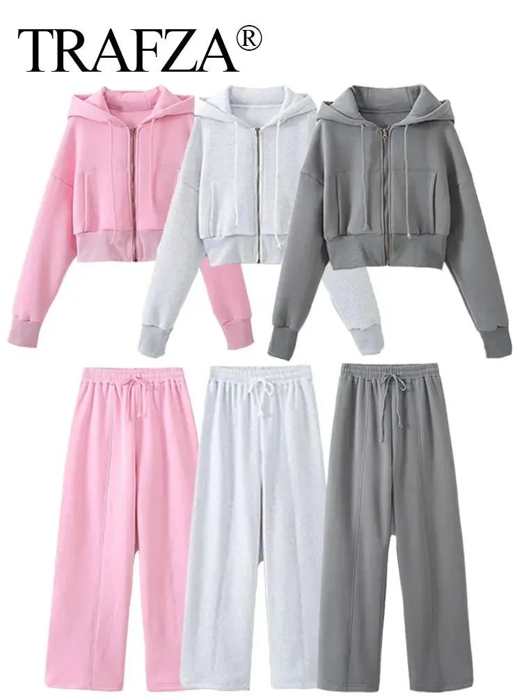 TRAFZA Pant Sets For Women Fashion Long Sleeve Zipper Jacket Elastic Hem Short Side Pocket Hooded Basic Coat   Trousers Suit