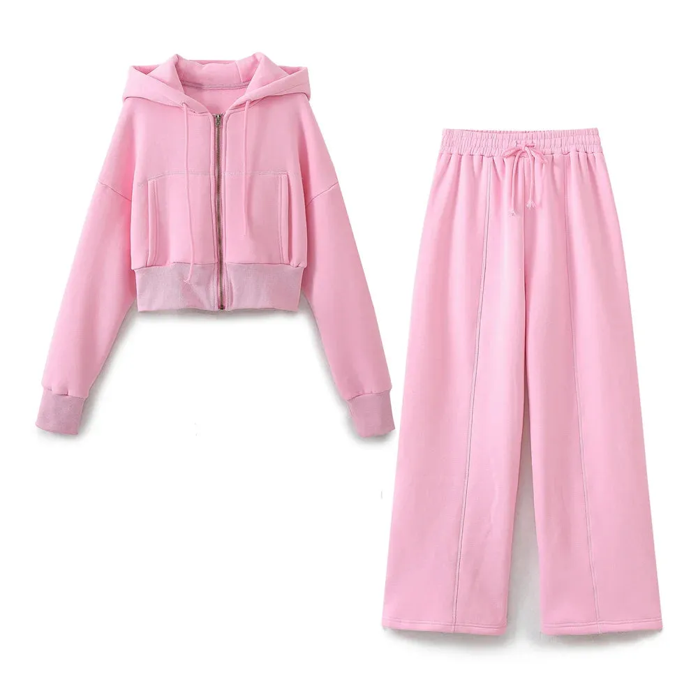 TRAFZA Pant Sets For Women Fashion Long Sleeve Zipper Jacket Elastic Hem Short Side Pocket Hooded Basic Coat   Trousers Suit