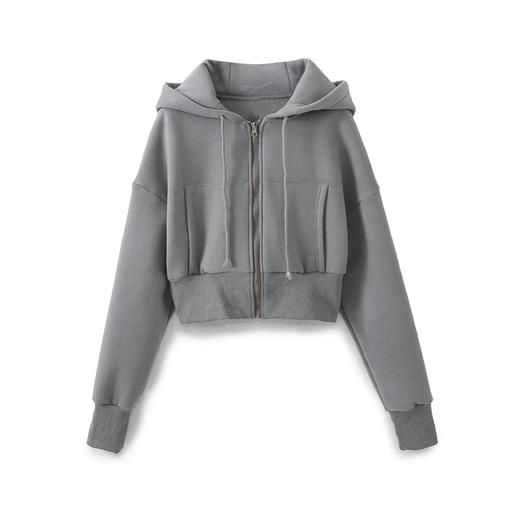 TRAFZA Pant Sets For Women Fashion Long Sleeve Zipper Jacket Elastic Hem Short Side Pocket Hooded Basic Coat   Trousers Suit