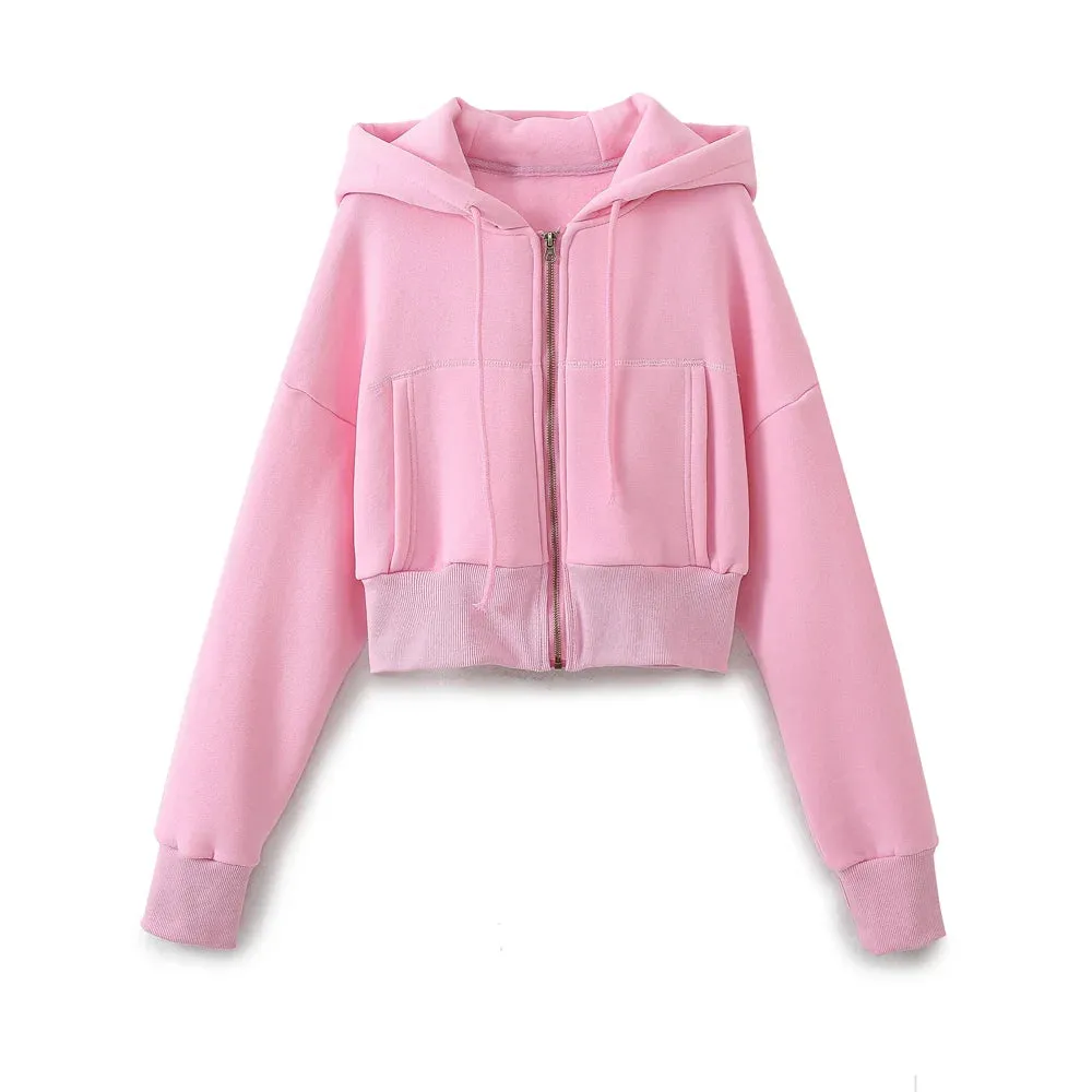 TRAFZA Pant Sets For Women Fashion Long Sleeve Zipper Jacket Elastic Hem Short Side Pocket Hooded Basic Coat   Trousers Suit