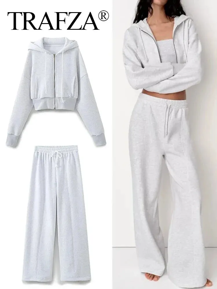 TRAFZA Pant Sets For Women Fashion Long Sleeve Zipper Jacket Elastic Hem Short Side Pocket Hooded Basic Coat   Trousers Suit