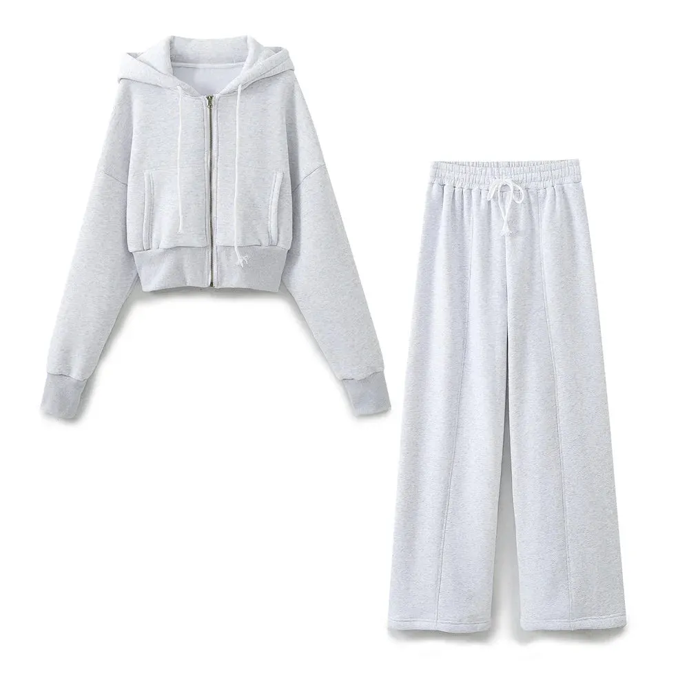 TRAFZA Pant Sets For Women Fashion Long Sleeve Zipper Jacket Elastic Hem Short Side Pocket Hooded Basic Coat   Trousers Suit