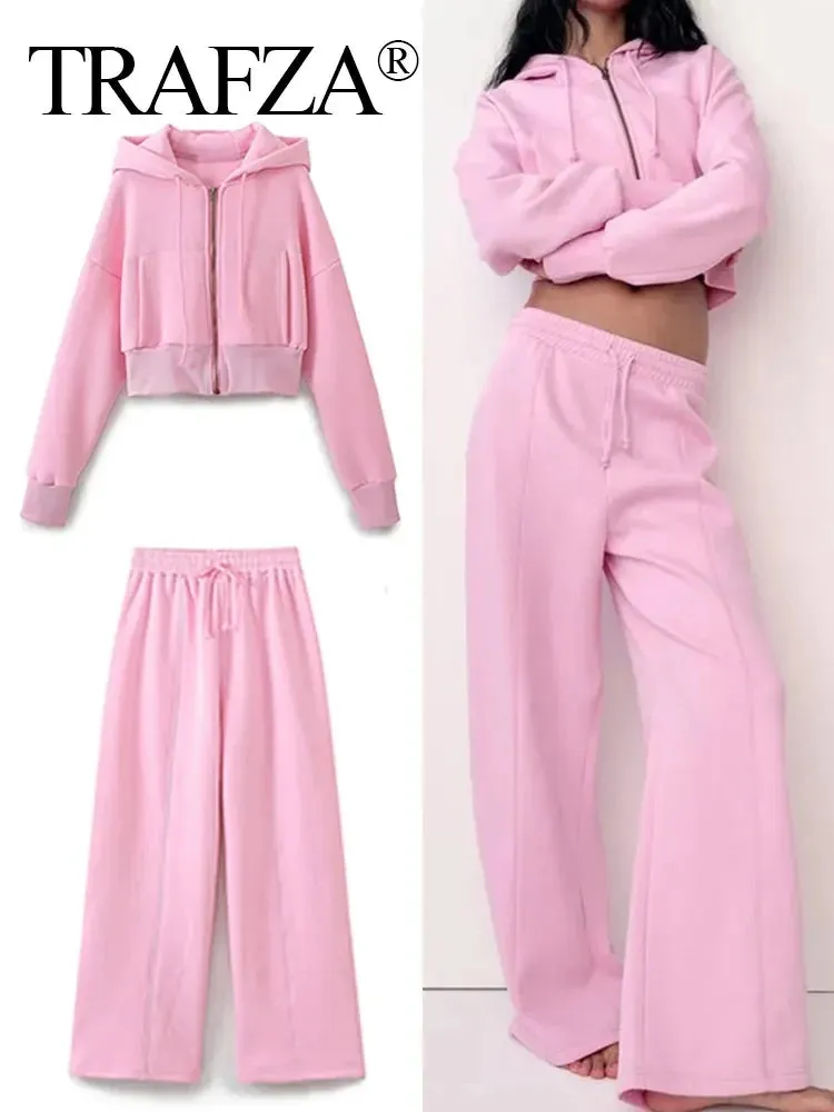 TRAFZA Pant Sets For Women Fashion Long Sleeve Zipper Jacket Elastic Hem Short Side Pocket Hooded Basic Coat   Trousers Suit