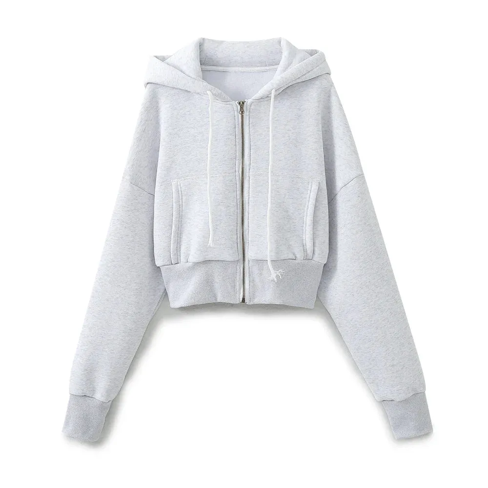 TRAFZA Pant Sets For Women Fashion Long Sleeve Zipper Jacket Elastic Hem Short Side Pocket Hooded Basic Coat   Trousers Suit