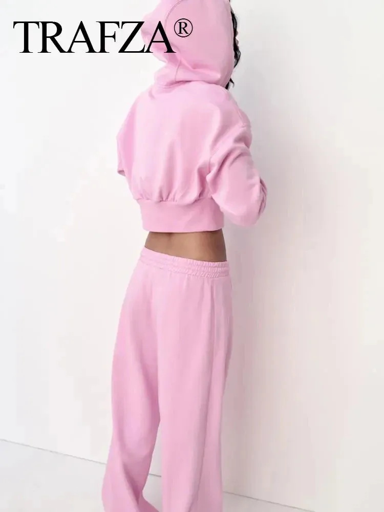 TRAFZA Pant Sets For Women Fashion Long Sleeve Zipper Jacket Elastic Hem Short Side Pocket Hooded Basic Coat   Trousers Suit