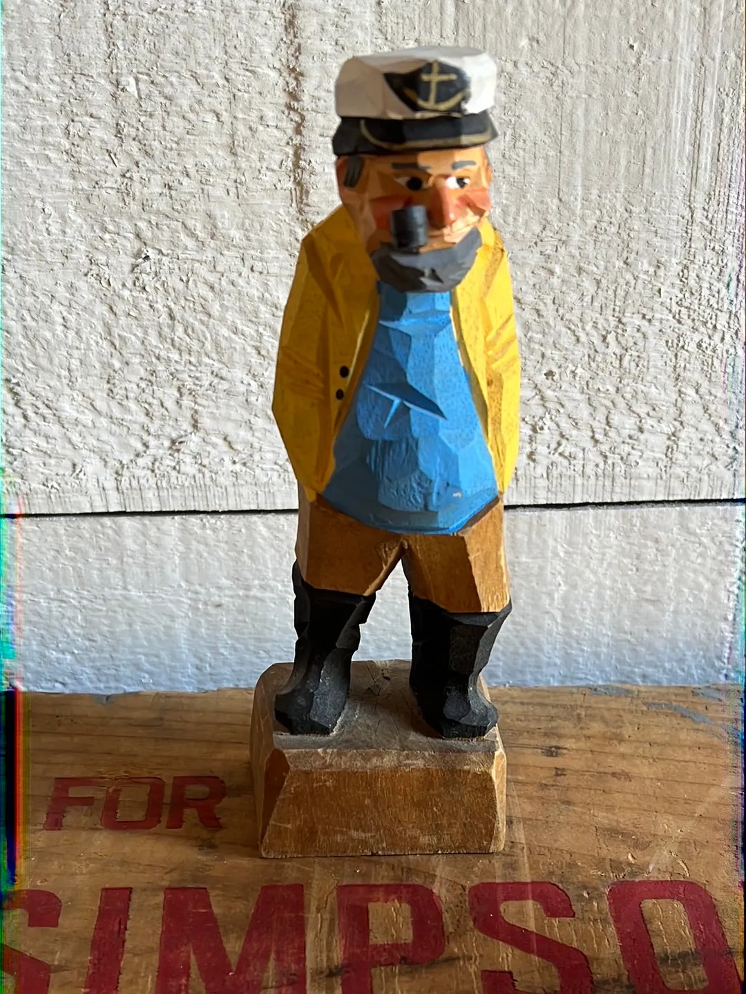 Vintage Wooden Fisherman - Blue Shirt   Yellow Coat