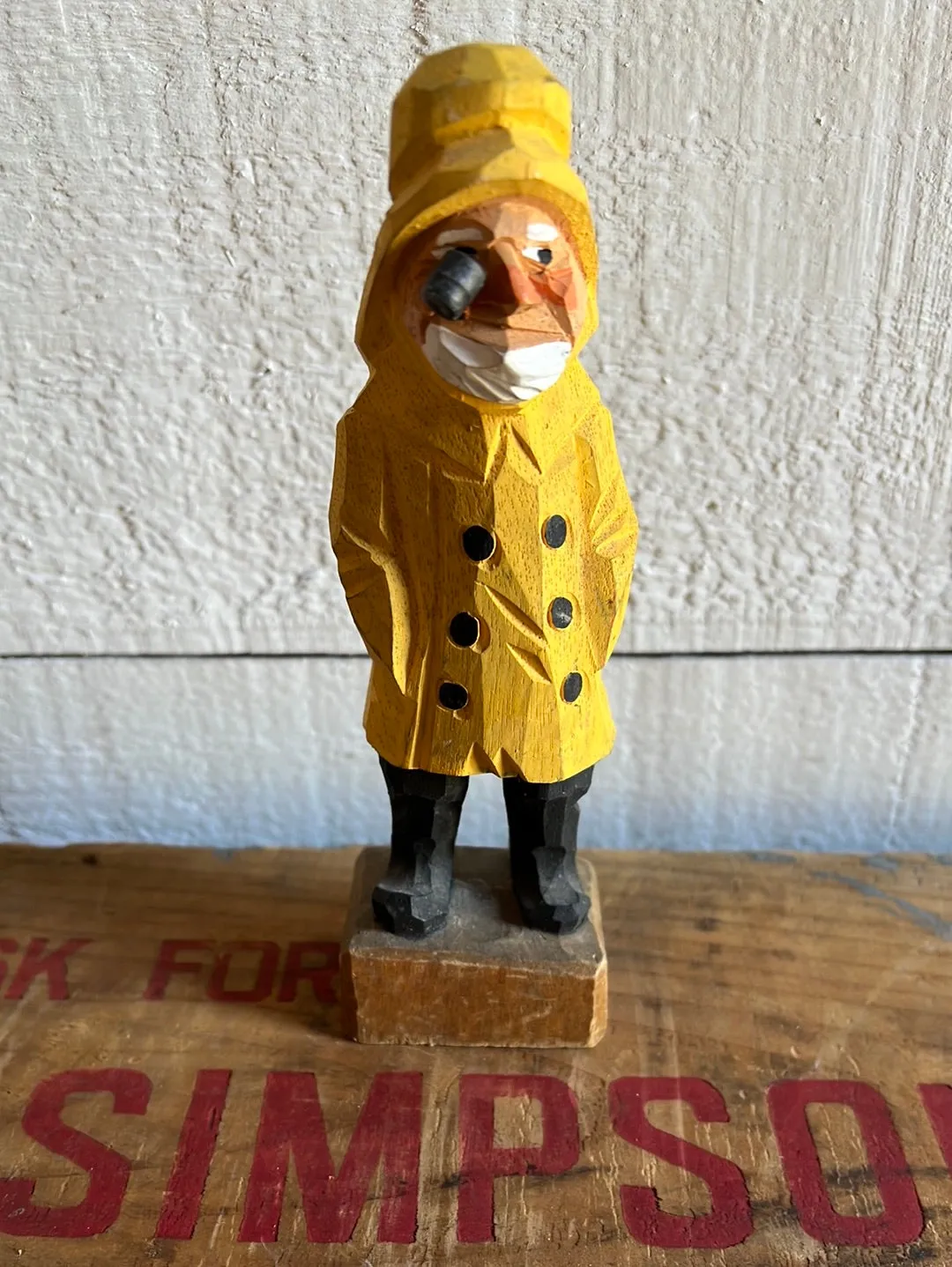Vintage Wooden Fisherman - Yellow Coat   Hat