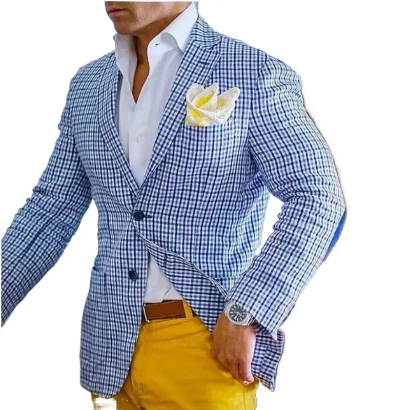 Wiaofellas  -  Casual Blue Checked Men Suit Slim Fit High Quality Tuxedo Elegant Custom Male Blazer 2 Piece Jacket Yellow Pants Terno Masculino