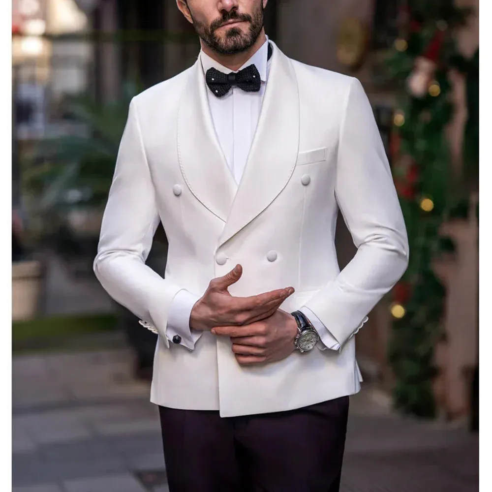 Wiaofellas  -  Fashion Men Blazer 1 Piece Solid Color Chic Shawl Lapel Double Breasted Coat Slim Prom Party Dinner Wedding Elegant Jacket