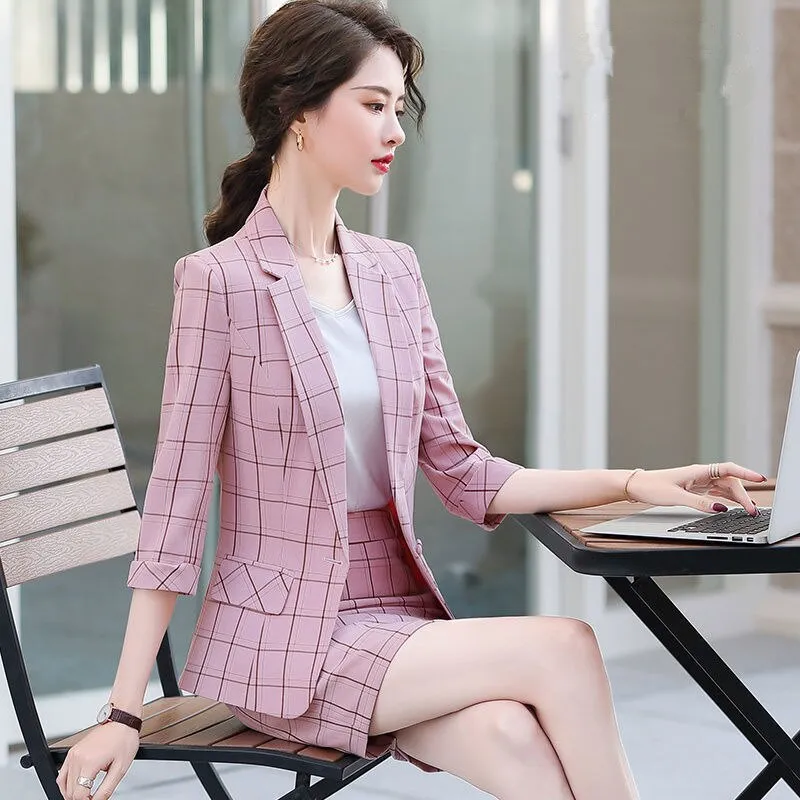 Wjczt Women Large Size 2 Pcs Plaid Blazer Set Summer 2022 Korean Office Lady Graceful Suit Coat  Shorts or Skirts Sets Work OL Outfits
