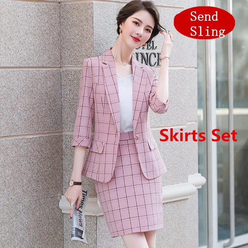 Wjczt Women Large Size 2 Pcs Plaid Blazer Set Summer 2022 Korean Office Lady Graceful Suit Coat  Shorts or Skirts Sets Work OL Outfits