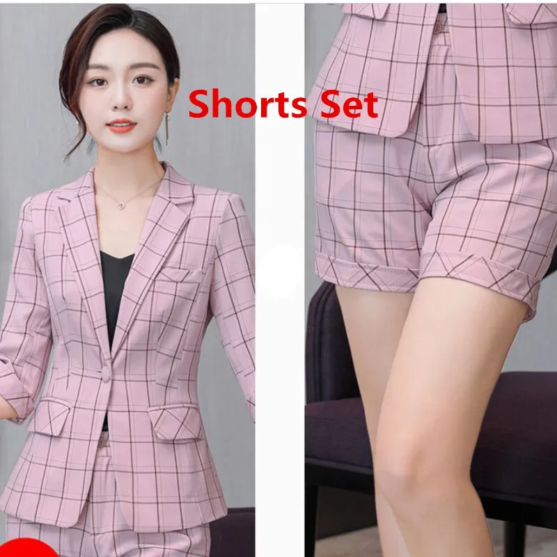 Wjczt Women Large Size 2 Pcs Plaid Blazer Set Summer 2022 Korean Office Lady Graceful Suit Coat  Shorts or Skirts Sets Work OL Outfits