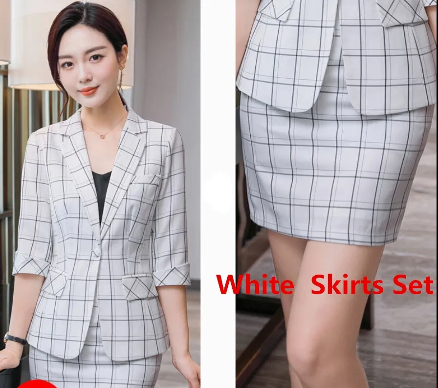 Wjczt Women Large Size 2 Pcs Plaid Blazer Set Summer 2022 Korean Office Lady Graceful Suit Coat  Shorts or Skirts Sets Work OL Outfits