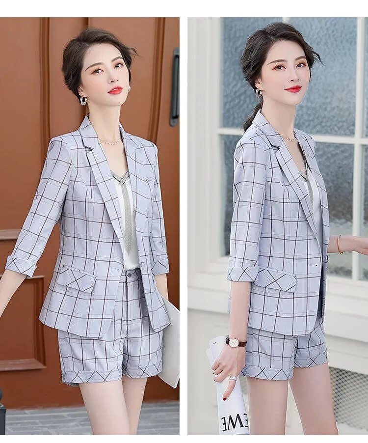 Wjczt Women Large Size 2 Pcs Plaid Blazer Set Summer 2022 Korean Office Lady Graceful Suit Coat  Shorts or Skirts Sets Work OL Outfits