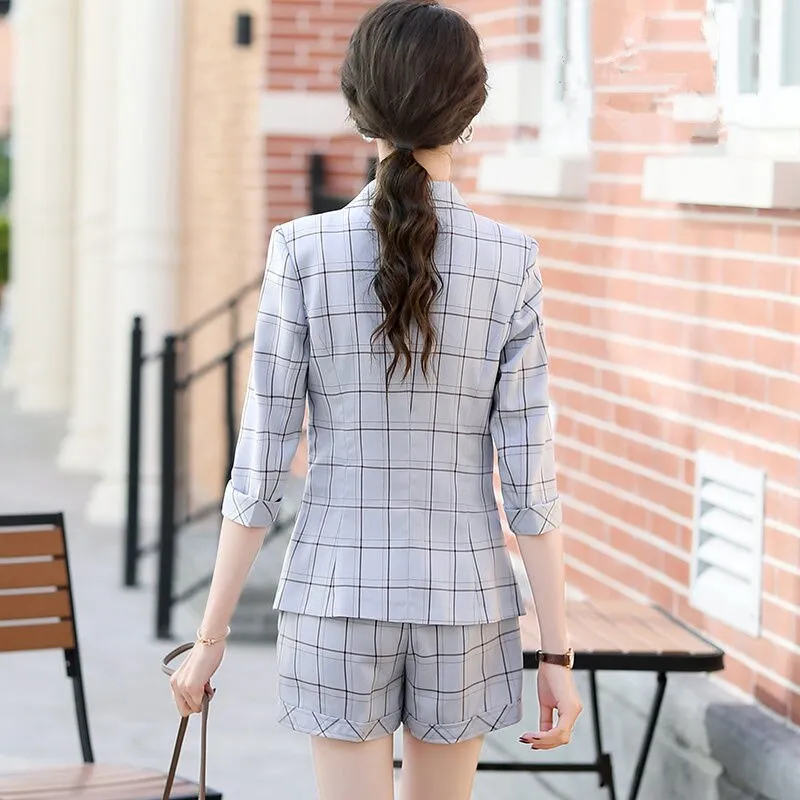 Wjczt Women Large Size 2 Pcs Plaid Blazer Set Summer 2022 Korean Office Lady Graceful Suit Coat  Shorts or Skirts Sets Work OL Outfits