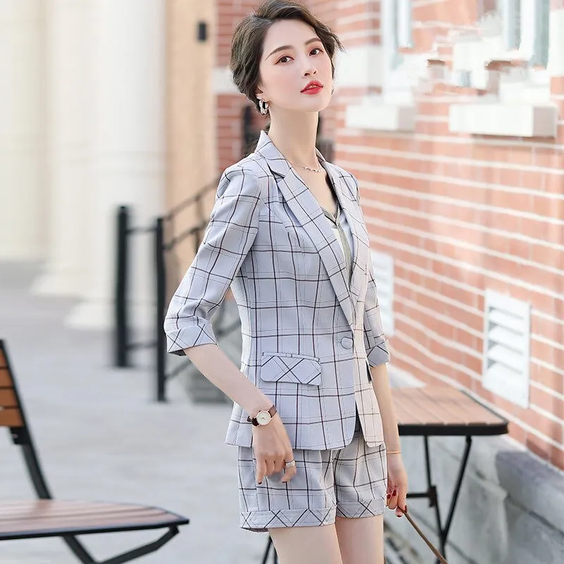 Wjczt Women Large Size 2 Pcs Plaid Blazer Set Summer 2022 Korean Office Lady Graceful Suit Coat  Shorts or Skirts Sets Work OL Outfits