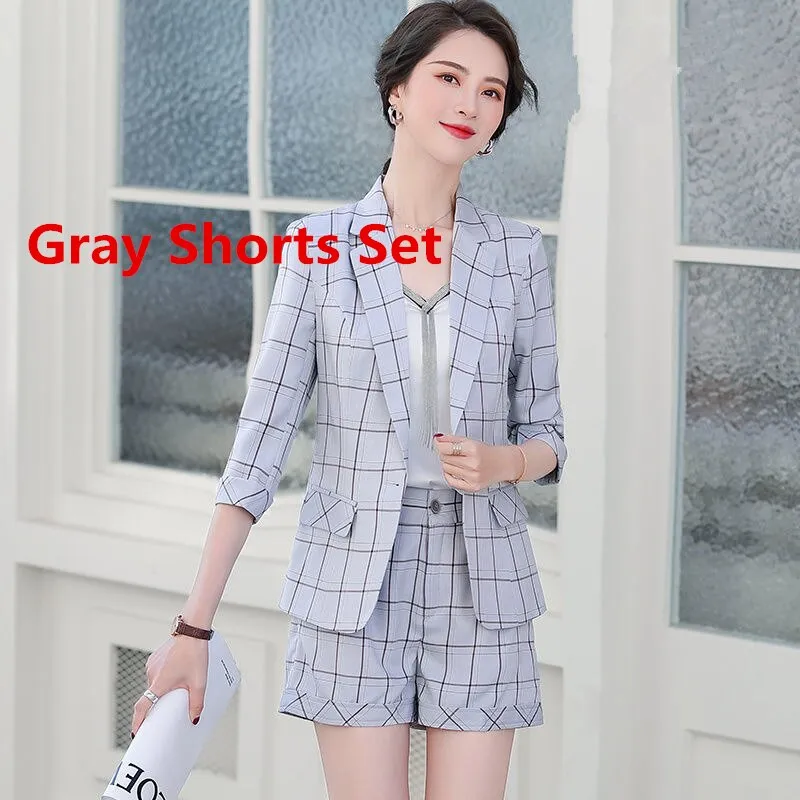 Wjczt Women Large Size 2 Pcs Plaid Blazer Set Summer 2022 Korean Office Lady Graceful Suit Coat  Shorts or Skirts Sets Work OL Outfits