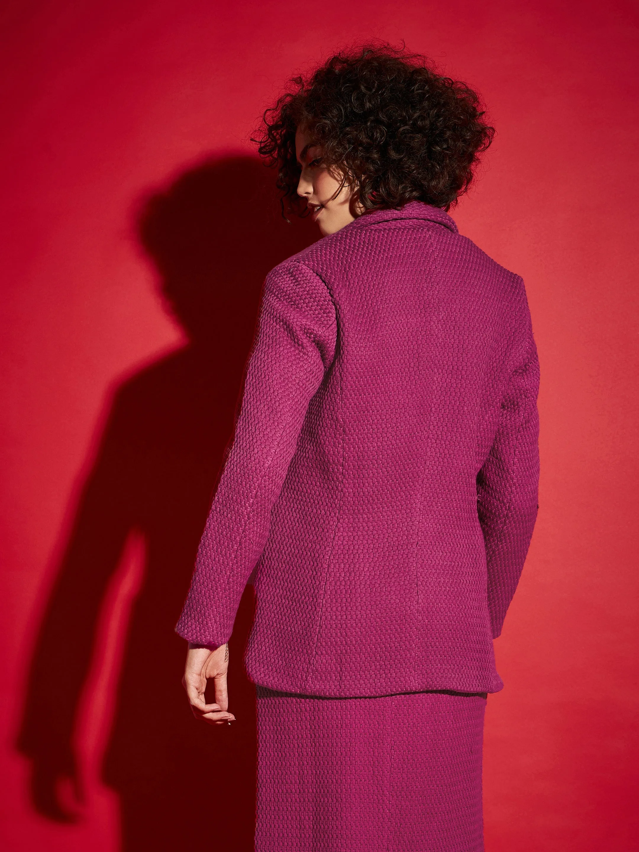 Women Magenta Tweed Notch Collar Blazer